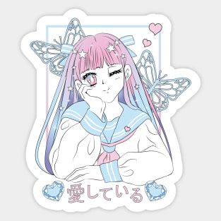 Beauty girl anime color pink and blue Sticker